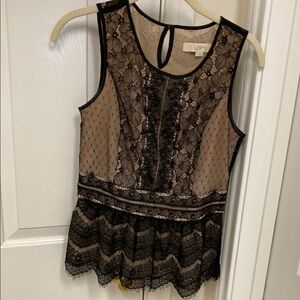 LOFT Black and Tan Peplum Blouse with Embellished Lace